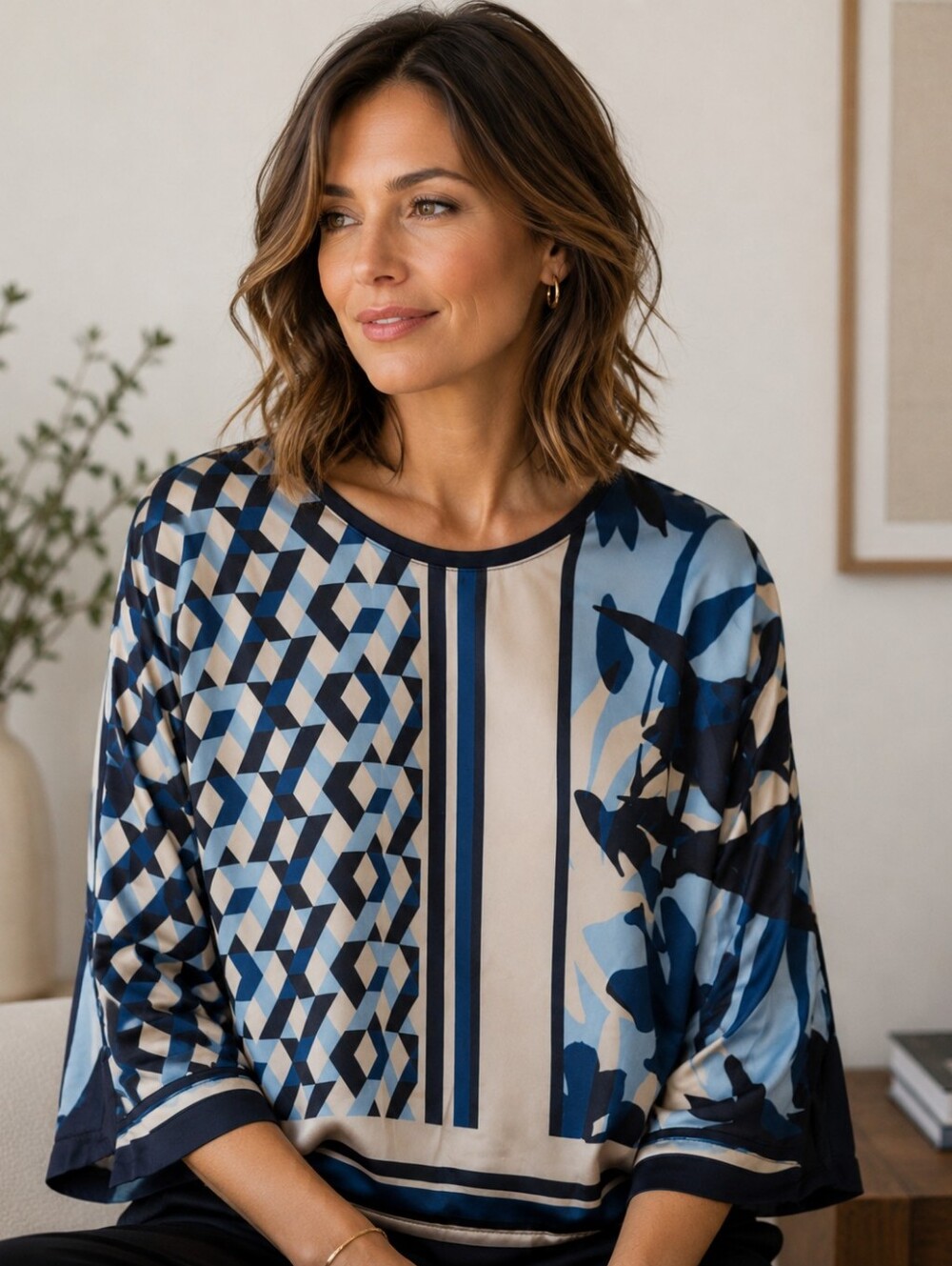 Betty Barclay Blue Geometric Floral Print Blouse | Sophisticated 3/4 Sleeve Top
